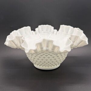 Vintage Fenton White Hobnail Milk Glass Ruffled Crimped Bowl Large 9.5” Diameter
